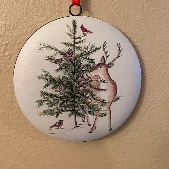 Large Christmas Tree, Deer, Cardinal & Birds Ornaments Set of 2, Red Ribbon Hook - Picture 9 of 12